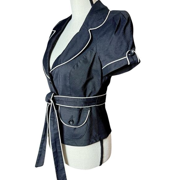 VTG 90s Bebe Pinstripe Short Sleeve Belted Blazer Black White Linen Blend Size 8 - Picture 3 of 16